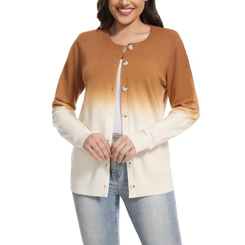 Women's Crew Neck Long Sleeve Cardigan Sweaters Casual Open Front Button Down Shrug with Pockets Knit Outwear