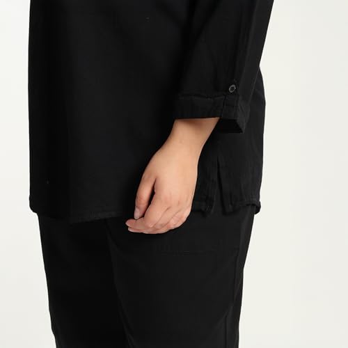 Image of Women's Solid Denim Co-Ord Set | Mandarin Collar Button Placket Top with Wide Leg Pants | Relaxed Fit Casual Daily Wear Two Piece Outfit