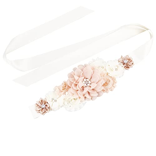 CRASPIRE Bridal Wedding Sash Belt with Flowers Pearls Khaki Rhinestone Bridal Belt 85 Inch Crystal Wedding Dress Belt for Women Brides Bridesmaids Dress Wedding Accessories