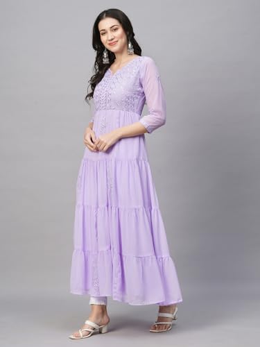 Image of RATAN Women's Solid Georgette Tiered Chikankari Flared Kurti Gown Maxi Dress
