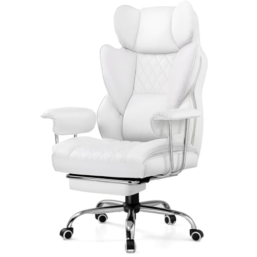 GTPLAYER Gaming Chair,Office Chair with Pocket Spring Lumbar Support, Ergonomic Comfortable Wide Office Desk Computer Chair with Outward Fixed Soft Armrests and Footrest,(PU Leather, White)