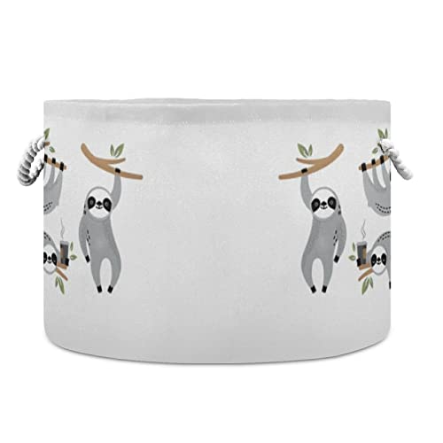 Oyihfvs Cute Grey Sloths on Tree Branches with Green Leaves on White Round Storage Basket Waterproof Print Collapsible Fabric Cube with Cotton Rope Handles Laundry Bag Organizer Toys Clothes for Room