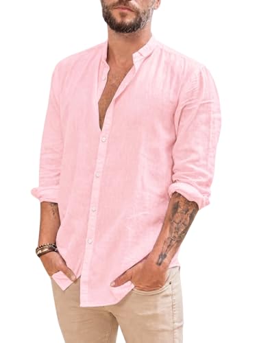 Makkrom Men Linen Shirt Button Down Long Sleeve Cotton Beach Band Collar Casual Summer Shirts