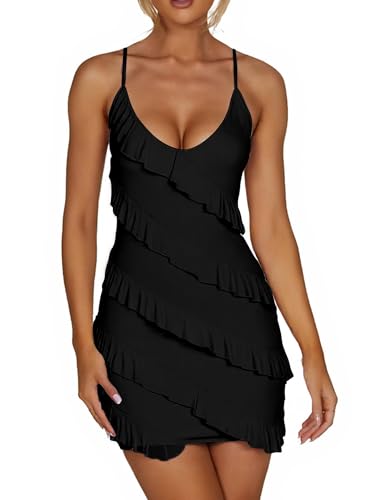 HOCILLE Women's Sexy Bodycon V Neck Sleeveless Spaghetti Strap Mesh Ruched Club Party Mini Short Dress
