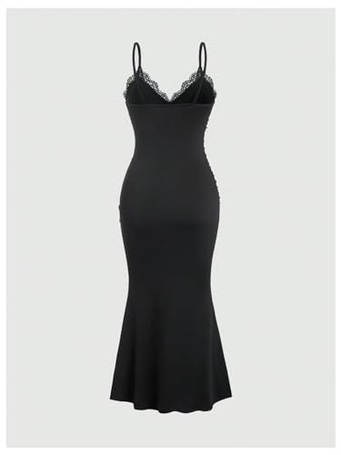 Image of Milumia Women's Lace Trim V Neck Ruched Cami Fishtail Bodycon Dress Black Small
