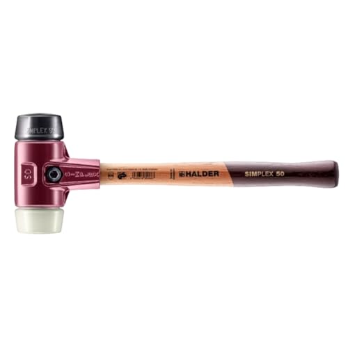 Image of Halder Simplex Soft-Faced Mallet 3028.050 - Medium-Hard Rubber Insert, Hard Nylon Insert, Cast Iron Housing with Handle Protection Sleeve, Varnished Wooden Handle, 50mm, 2.5 lbs.