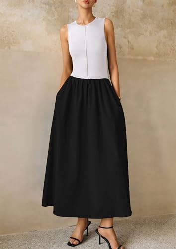 Image of PRETTYGARDEN Maxi Dresses for Women 2026 Summer Casual Sleeveless Patchwork Flowy Vacation Sundress Knit Long Work Tank Dress