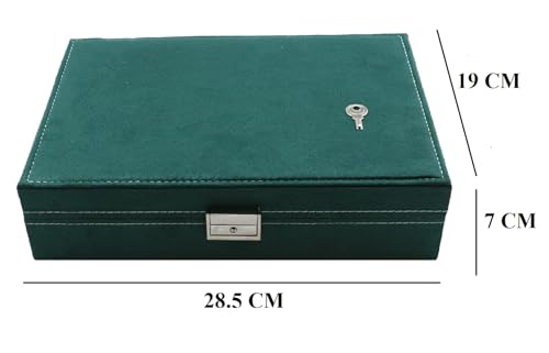 Image of BucketList Women's Velvet Glass Ring Earrings Jewelry Box - Display Storage Case with Lock for Earrings, Bracelets, Rings, Necklace, Watches (1 layer with Lock Green Box)