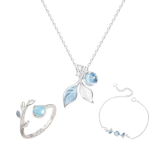SanKristo Conjunto de Collar, Pulsera y Anillo con Motivos Florales y Hojas en Azul Bohemio, Conjuntos de Joyería para Mujer con Brillantes Diamantes de Circonita, Azul