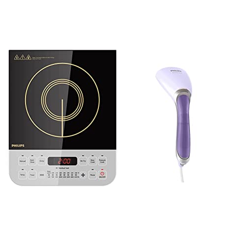 Image of Philips Viva Collection HD4928 /01 2100-Watt Induction Cooktop (Black) & Handheld Garment Steamer GC360 /30 - Vertical & Horizontal Steaming, 1200 Watt, up to 22g /min