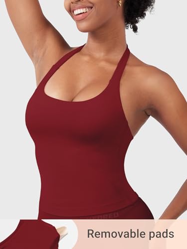 Image of YEOREO SoftHue Women's Impact Halter Tank Top Longline Backless Scoop Neck Built-in Bra Sports Workout Gym Crop Top