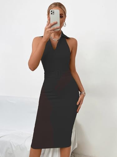 Image of Sugathari Solid Women V-Neck Ribbed Knit Sleeveless Bodycon Dress (MIDI 103)