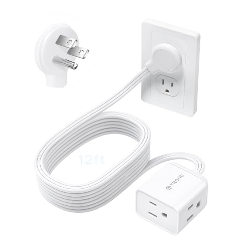 Image of TROND Leftward Flat Plug Extension Cord 12ft for Small Tight Spaces, White | Low Profile 3 Sided Power Cube Fit Large Plug, 16 AWG, 13 A for Indoor Home Office Kitchen Behind Bed Furniture, ETL Listed