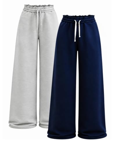 Azmxynol Girls Sweatpants Tween Girls Trendy Pants Wide Leg Baggy Cute Bow Pants Kids Junior Clothes with Pockets 2 Pack Spring Fall Size 9 10 Navy Blue Grey