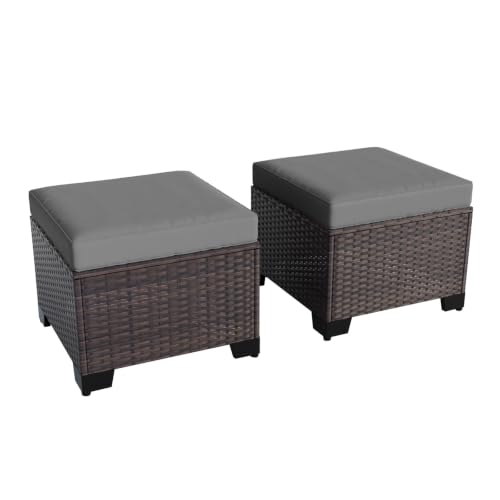 ASJMR 2 Pieces Wicker Ottomans, All Weather Rattan Patio Ottoman with Removable Cushion, Outdoor Footstools, Additional Seating, Side Table, Multipurpose Outdoor Furniture for Patio, Balcony, Grey