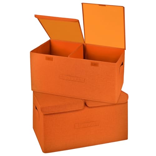Image of 2 Pack Storage Boxes with Lids and Handles, Collapsible Linen Storage Bins Organizer Containers Baskets Cube with Removable Divider for Home Bedroom Closet Office (Orange, Large)