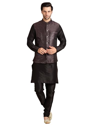 Image of men's Silk Blend Kurta Pejama & Waistcot Set