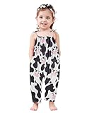 Lindanina Toddler Girls Romper Cartoon Cow Sleeveless Jumpsuit 3T Summer Cute Clothes Adjustable Tie-Up Strap 4T One Piece Soft Casual Kids Outfits with Pocket Headband Party