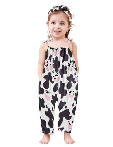 Lindanina Toddler Girls Romper Cartoon Cow Sleeveless Kids Jumpsuit Summer Cute 2-3T Clothes Adjustable Tie-Up Strap One Piece Soft Casual Outfits with Pocket Headband Birthday