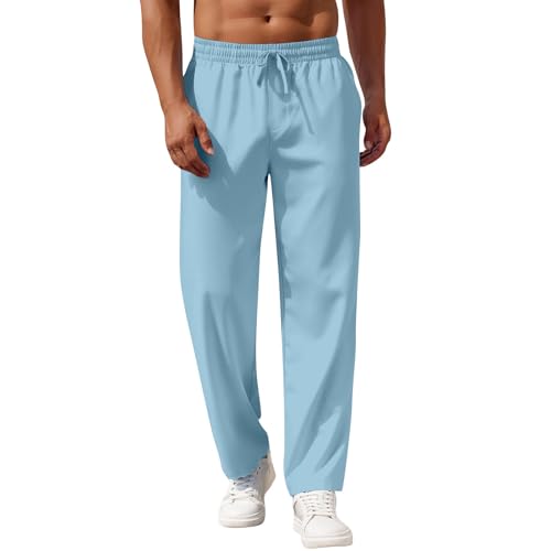 Linen Pants Men Loose Fit Summer Drawstring High Waisted Beach Pants Lightweight Straight Leg Trousers with Pockets