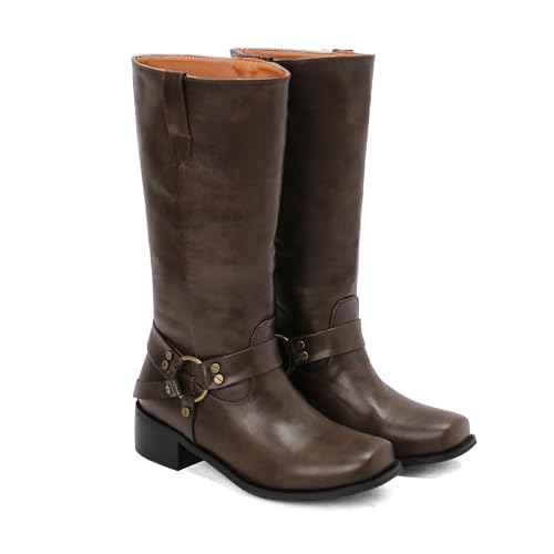 BEAUPAS Women's Classic Motorcycle Boots Buckles Biker Mid Calf Riding Boots Harness Ring Square Toe Block Heel Low Heel2