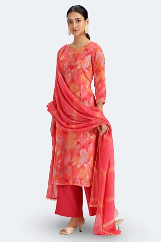 Image of Cotton Culture Peach Chinnon Floral Printed Straight Kurta Pant and Dupatta Suit Set