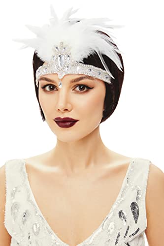 BABEYOND 1920s Flapper Headpiece 20s Carnival Feather Headband Crystal Beaded Great Gatsby Hairband 1920s Flapper Gatsby Hair Accessories (white)