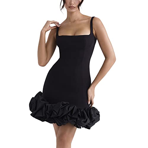Image of Women Spaghetti Strap Bodycon Dress Solid Color Pleated Ruffle Hem Dress for Cocktail Nightclub Beach