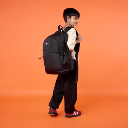 Image of Tommy Hilfiger Professional School Backpack Stud - Black | Durable Water-Resistant Bag for Teens with Signature Metal Logo | 3 Compartments | Soft File Sleeve & Integrated Rain Cover | 30L Capacity