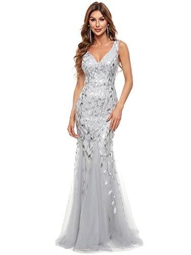 Ever-Pretty a Sirena Tul Vestido de Noche Cuello en V sin Respaldo para Mujer Plateado 36