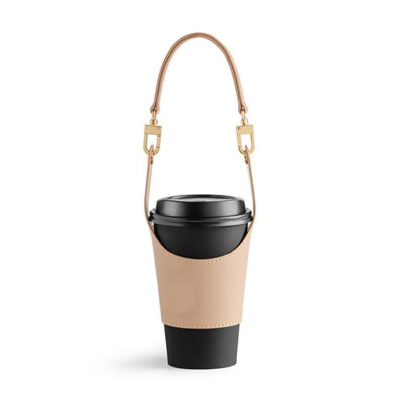Reusable Leather Coffee Cup Sleeve with Handle - Portable Tea Mug Holder, Protective Drink Carrier, Adjustable Cupholder with Lanyard, PU Cup Cover for Coffee, Tea, Water, Milk (Beige)