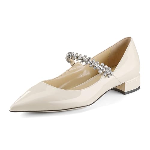 XYD Women's Pointed Toe Flats Rhinestone Strap Slip On Crystal Low Heel Patent Leather Dress Shoes