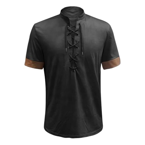 Mens Casual Henley Shirts Short Sleeve Lace Up V-Neck Solid Retro T Shirts Western Street Style Summer Tee Shirts2