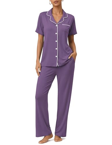 Image of ZMJ Womens Pajamas Sets 2 Piece Button Up Pj Sets Short Sleeve with Long Pant