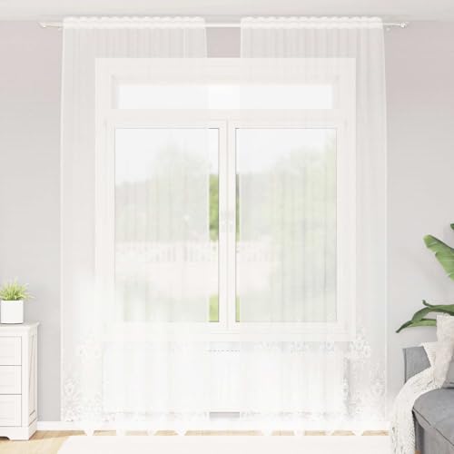 Rideau en dentelle polyester blanc 300 x 150 cm avec embrasse tamisant fenetre