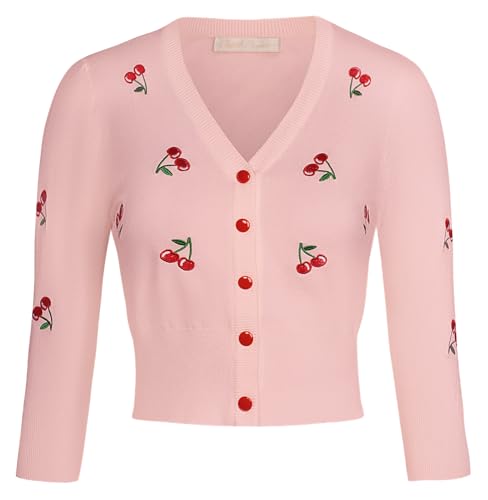 Image of Belle Poque Women's 3 /4 Sleeve V-Neck Button Down Cherries Embroidery Cropped Cardigan Sweater Coat