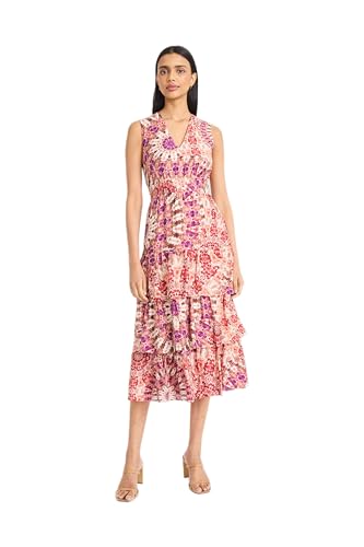Image of Women's Sleeveless V-Neck Tiered Midi Dress - Multi-Layer Ruffled Skirt with Fitted Bodice