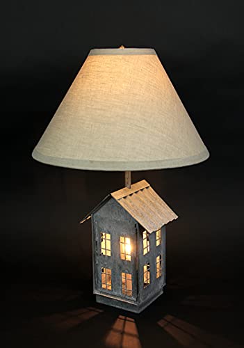 Rustic-Galvanized-Grey-House-Shaped-Double-Light-Table-Lamp-and-Accent-Light-Beige-Fabric-Shade-Mid-Century-Modern-Farmhouse-Decor-22-Inches-High Rustic Galvanized Grey House Shaped Double Light Table Lamp and Accent Light Beige Fabric Shade Mid Century Modern Farmhouse Decor 22 Inches High