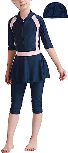 AUBIG Muslim Swimsuit for Kids Girls Long Sleeve Full Coverage Burkini Swimwear Quick Dry Modest Islamic Bathing Suit 10-13 Years C/Blue