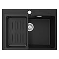CECIPA Lavandino Cucina Nero in Granito 60 x 45cm, Lavello Cucina 1 Vasca con Colino Cestello, Lavabo Cucina per Armadio da Cucina da 60cm, con Sifone Classico e troppopieno