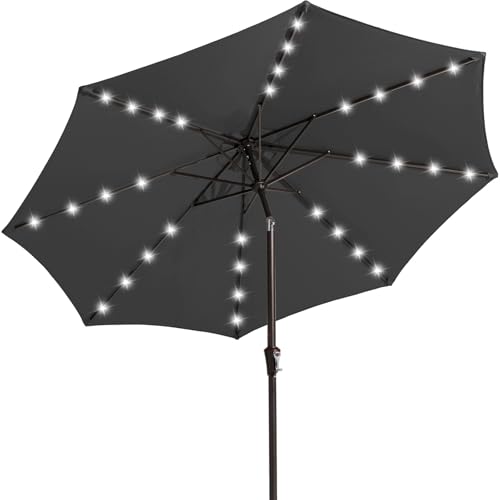 Image of JEAREY 9FT Outdoor Patio Umbrella with Solar Lights, LED Lighted Pool Umbrella with Tilt and Crank, Outdoor Table Umbrellas for Deck, Yard & Market (Grey)