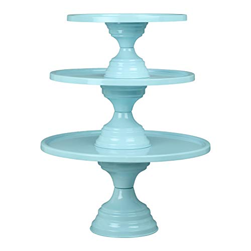 Image of Non Revolving Cake Stand Pedestal 13 inch, 11 inch, 9 inch Diameter (Top), Strong Metal (Set /3, Sky Blue)