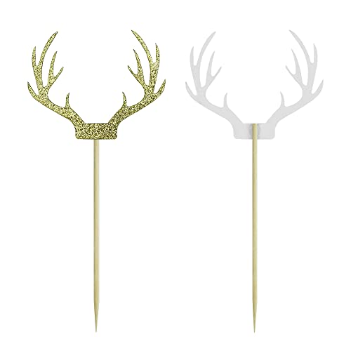 Saktopdeco 20 Counts Gold Deer Antler Cake Topper Glitter Paper Christmas Reindeer Cupcake Toppers Picks For Themed Party Decor Supplies #TOP2