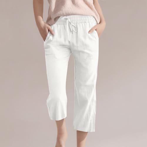 Capris Pants for Girls Summer Casual Loose Cotton Linen Straight Wide Leg Drawstring Elastic Waist Solid Cropped Pant2