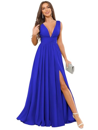 V Neck Chiffon Bridesmaid Dresses for Women Long A Line Formal Evening Gowns with Slit