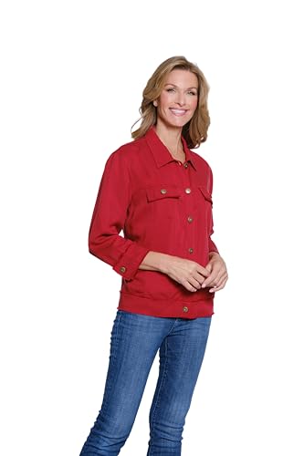 MULTIPLES Women's Cuffed 3/4 Sleeve Drop Shoulder 2-Pocket Button Front Fringe Trim Jacket3