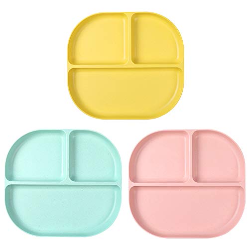 Image of shopwithgreen Bamboo Kids Divided Plates Set, 3 Pack Reusable Toddler Compartment Plates, Baby Dishes tableware, BPA free, Dishwasher Safe, Healthy Dinner Plates