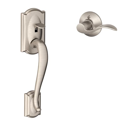 Image of Schlage FE285 CAM 619 ACC LH Camelot Front Entry Handleset with Left-Handed Accent Lever, Lower Half Grip, Satin Nickel