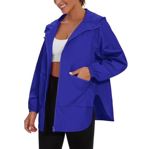 PESION Womens Waterproof Raincoat Lightweight Rain Jacket Trench Coat Hooded Windbreaker With Pockets for Outdoor Royal Blue Small