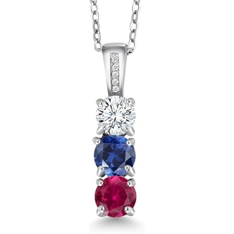Gem Stone King Customized and Personalized Diamond and 3 Gemstone Birthstone Mother Necklaces In 925 Sterling Silver | 3-Stone Pendant Necklace For Women | Round 5MM | With 18 Inch Silver Chain Cover